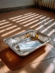 Disposable medical face mask in an aluminum tray on tiled floor with sunlight and shadows