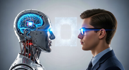 Obraz premium Artificial Intelligence Robot and Human Businessman Face-to-Face Interaction
