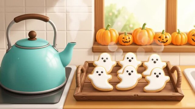 Cute animation of cozy kitchen: steaming kettle, ghost treats, and pumpkin decor