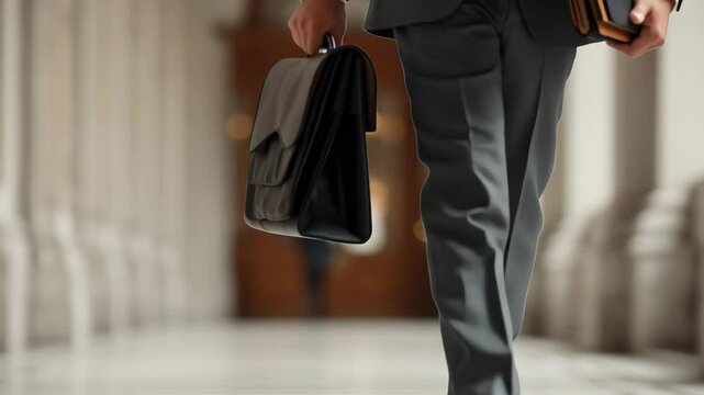 A businessman in a formal suit walks through a grand hallway carrying a leather briefcase and documents, heading toward a legal or government office.
