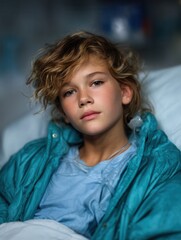 Young boy with freckles lying in hospital bed with oxygen tube, looking thoughtful and serious