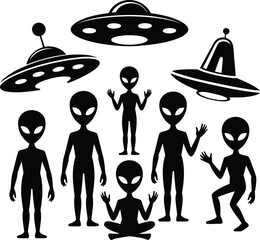 Collection of black silhouette aliens and flying saucers 