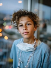 Young male healthcare professional with face mask hanging around neck, contemplative expression, hospital or clinic setting
