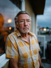 Elderly Man with Gray Hair and Glasses Standing Outdoors During Evening Time