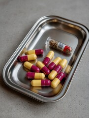 Prescription Pills in a Metal Tray with a Small Container of Medication on a Gray Surface