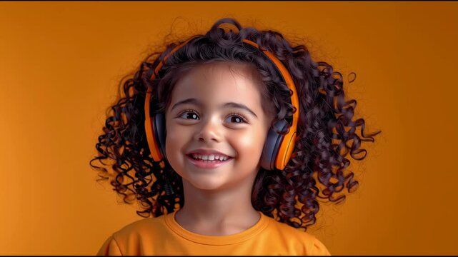 Side view, 8 years old girl with curly hair, listening to music on headphones,