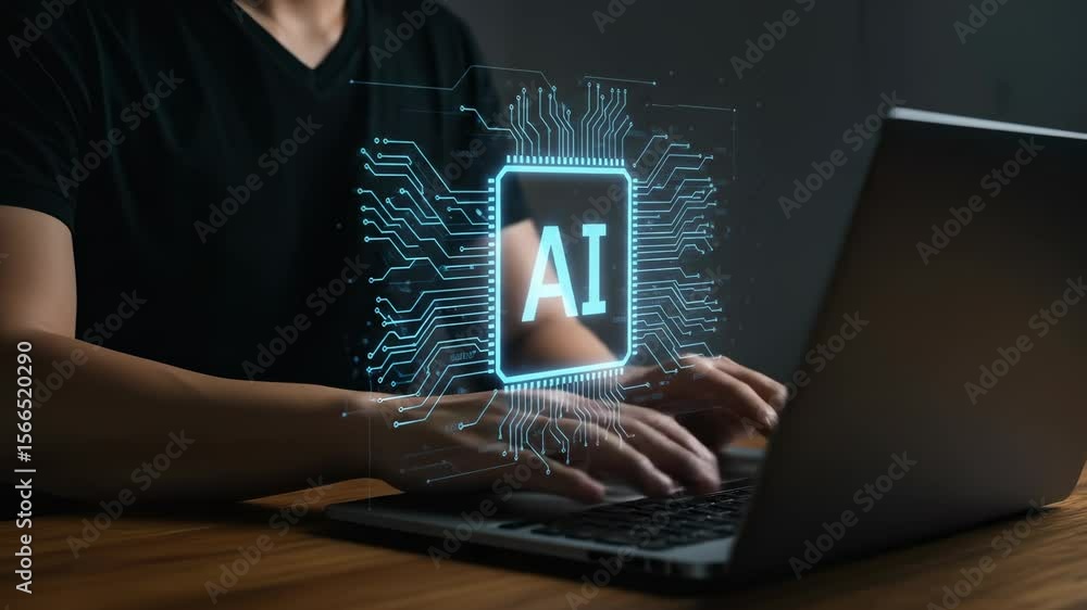 Poster ai integration: a man in his twenties coding with a neon ai chip illustration, envisioning technolog
