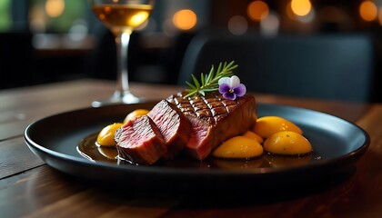 Gourmet Sliced Steak with Seasonal Vegetables and Edible Flowers – Fine Dining Presentation

Elegant Steak Plating with Colorful Veggies and Floral Garnish – Culinary Art Photography

Fine Dining Dish