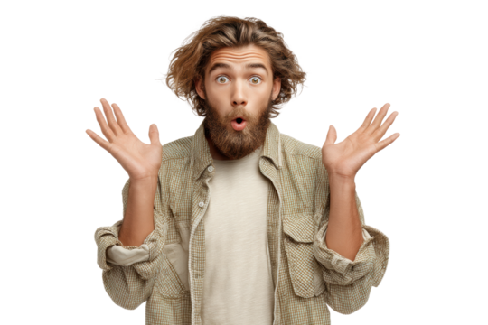 PNG Surprised young caucasian male with beard and long hair raising hands - Powered by Adobe