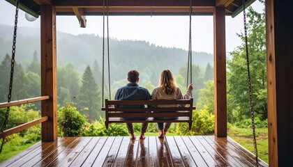 A couple enjoying a moment of tranquility while sitting on a wooden swing on a rainy day. The lush green scenery provides a picturesque view