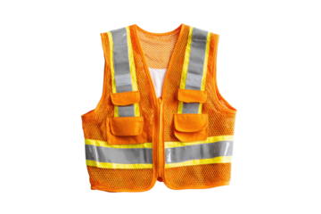 PNG Bright orange safety vest with reflective stripes and pockets on black background