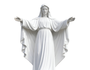 A beautiful depiction of the Virgin Mary stands with outstretched arms, symbolizing grace and welcome.