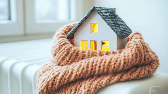 Small house wrapped in warm knitted scarf on radiator symbolizing home heating and energy efficiency