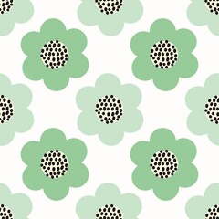 seamless pattern showcases charming mint and light green flowers with cream and black speckled centers against a soft white background.