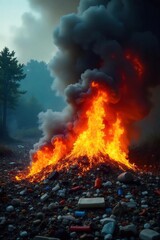 Fiery inferno engulfing discarded plastic waste, creating toxic smoke and intense heat Environmental disaster, pollution, recycling crisis , garbage, crisis