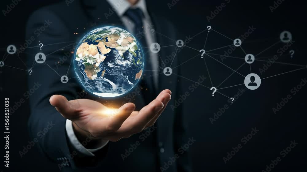 Poster global networking: businessman presents earth amidst tech connections and collaborative queries.