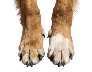 The textured fur and dark claws of two distinct dog paws are clearly visible in this close-up.