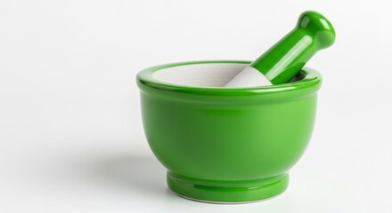 Green Mortar and Pestle on White - A vibrant green ceramic mortar and pestle set against a clean white background. Symbolizing health, wellness, herbal remedies, culinary arts, and natural ingredients