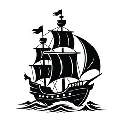 A black and white silhouette illustration of a pirate ship sailing on wavy waters