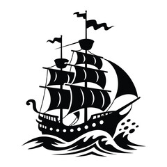 A black and white silhouette illustration of a pirate ship sailing on wavy waters