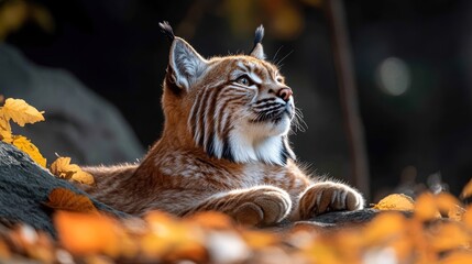 A lynx rests peacefully on a rocky surface surrounded by autumn leaves looking upwards.