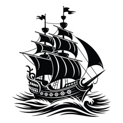 A black and white silhouette illustration of a pirate ship sailing on wavy waters