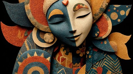 Colorful stylized sculpture of peaceful woman with floral crown