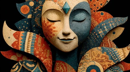 Colorful stylized sculpture of peaceful woman with floral crown
