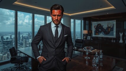 Man in a suit standing in an office with a cityscape view behind him in a high rise building