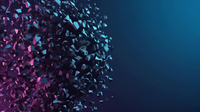 Artificial Intelligence Demise: A disintegrating wireframe human head symbolizes the challenges and risks of AI, its fragmented digital consciousness highlighted by neon blue and pink tones.