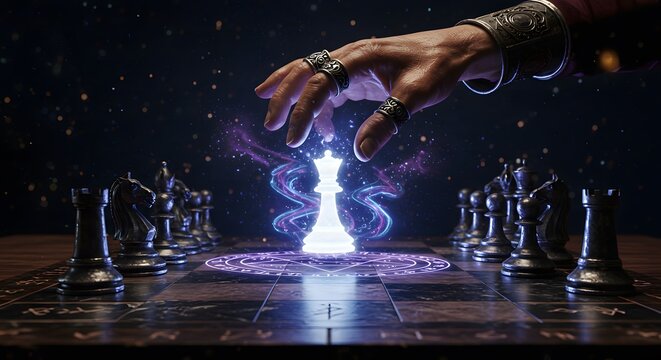 Mystical Chess Game: Illuminated Queen, Hand of Power, Cosmic Battle.