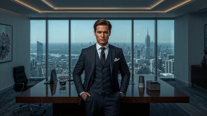A man in a suit standing in front of a large window with a city view behind him in an office space