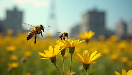 Two bees in a field of yellow flowers with a blurred cityscape in the background