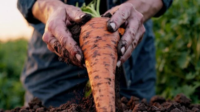 Farmer man hands harvesting fresh carrots soil. Dirty carrots muddy hands symbolize fresh vegetables organic harvest. Growing fresh carrot vegetables chemical fertilizers pesticides, healthy lifestyle