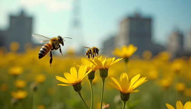 Two bees in a field of yellow flowers with a blurred cityscape in the background - Powered by Adobe