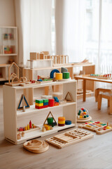 Modern Montessori-inspired playroom with natural wooden toys and open shelves, encouraging early childhood development through sensory play