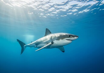 Fototapeta premium Majestic White Shark Underwater - A powerful white shark glides gracefully through the deep blue ocean, sunlight filtering through the water above.