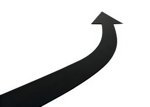 Black arrow curving upwards indicating growth and progress isolated on transparent background