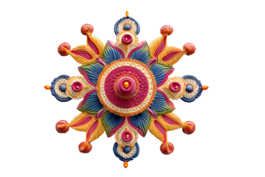 PNG Intricate colorful rangoli design with symmetrical patterns and vibrant colors - Powered by Adobe