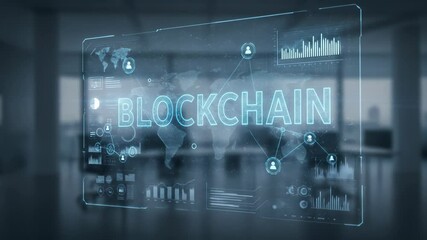 Blockchain Technology Display: A global network visualizing digital transformation with interactive financial data in a modern office setting. - Powered by Adobe