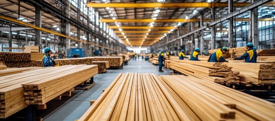Workers wearing helmets handle and inspect stacks of wooden planks in a large, well-lit lumber mill or wood processing factory.