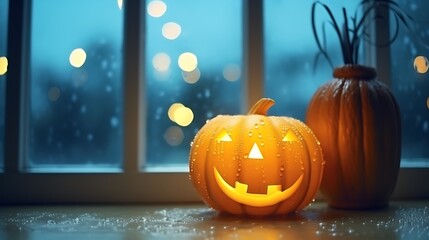 Fototapeta premium A glowing carved pumpkin on a rainy window sill with raindrops creating soft reflections, ambient candlelight inside, moody and calm blue-orange atmosphere, full frame capture