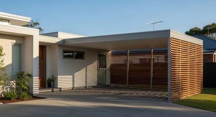 Modern House with Wooden Slat Carport - Contemporary home design showcasing a sleek carport structure with a slatted wooden screen for privacy and shade.