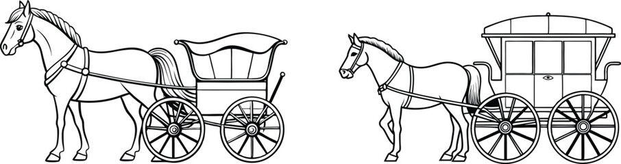 Two horses pulling a carriage with a horse and carriage.
