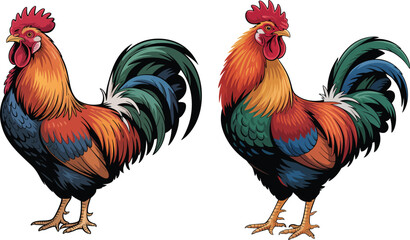 Fototapeta premium Two vibrant colorful roosters stand proudly against 