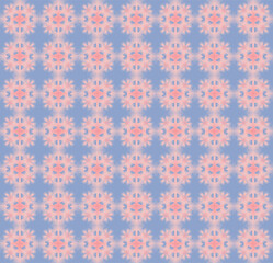 Soft pink geometric bursts radiate over a muted lavender-blue background, forming a dreamy, floral lattice pattern with glowing, symmetrical elegance.