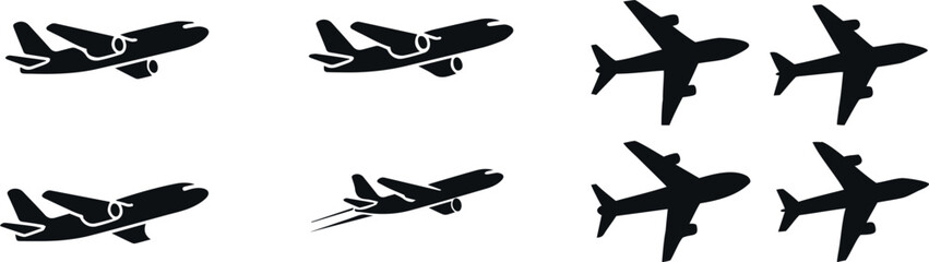 A collection of six black silhouette airplane icons, depicting various flight stages, including takeoff, cruising, and landing.