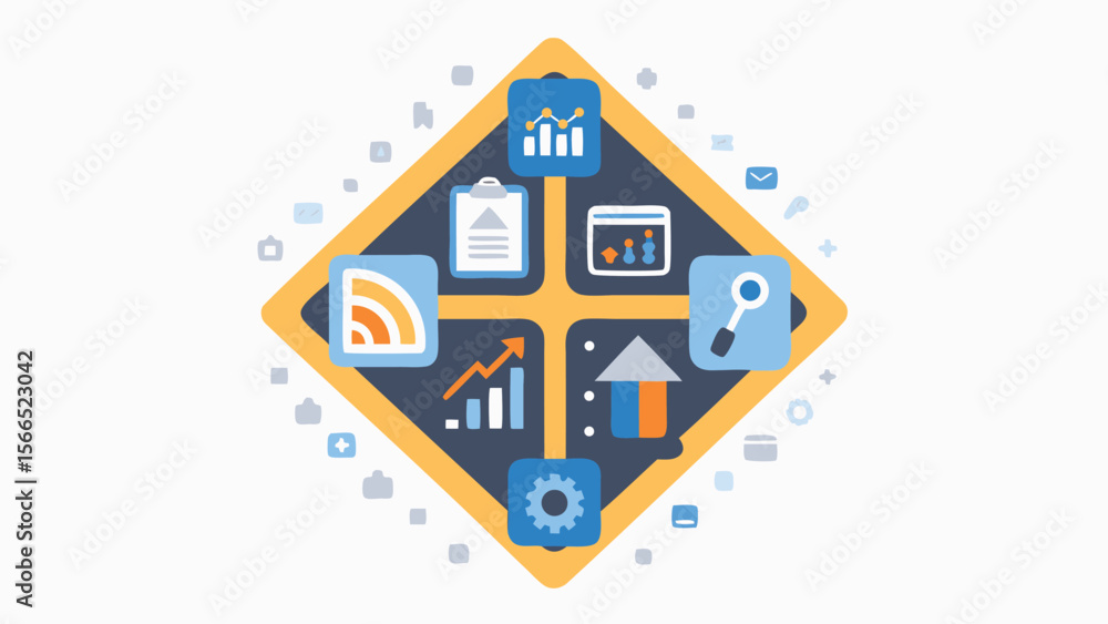 Poster illustration of business and data analytics tools inside a yellow diamond shape design element