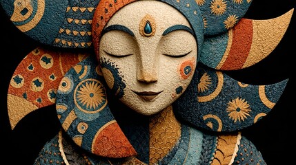 Colorful stylized sculpture of peaceful woman with floral crown