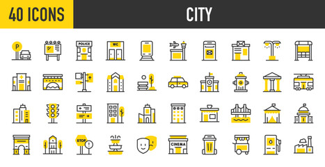 40 City icons. such as City Hall, Public Toilet, Parking, Traffic Lights, Dustbin, Hotel, Airport, Arch Of Triumph, Tram, Building, Street Lights, Hospital, Bank, Stop stroke vector illustration.